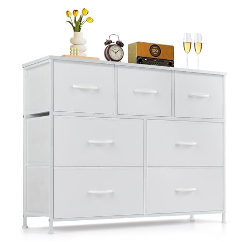 7-Drawer Dresser for Bedroom, Anti-Tip Wide Storage Organizer Fabric Chest of Drawers TV Stand for 45" TV with Wooden Top and Metal Frame for Closet, Living Room, Hallway, Entryway, White - color: White, size: 11.8"D x 39.3"W x 30.3"H (7 Drawers)