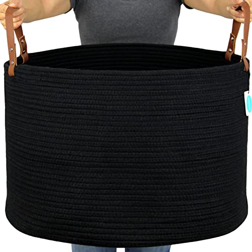 Casaphoria XXXLarge Cotton Rope Basket for Living Room - Woven Storage Basket with long Handle for Blankets, Towels and Pillows Laundry Hamper | Black (20" x 20" x 13") - color: Black