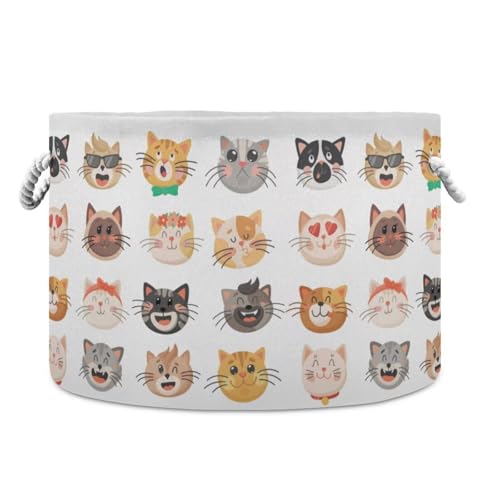 Cat Face Print Round Storage Basket Cute Kitten Large Laundry Hamper 20 x 20 x 14 Inches Organizer Bin with Cotton Rope Handles Clothes Storage Bag for Nursery Bedroom Living Room Decor - color: White