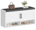 Farmhouse Shoe Storage Bench with Cushion, Entryway Bench with Adjustable Shelves and Open Bottom Shelf, Hidden Shoe Cabinet Storage for Entryway, Hallway, Living Room, Bedroom, White