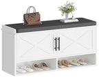 Farmhouse Shoe Storage Bench with Cushion, Entryway Bench with Adjustable Shelves and Open Bottom Shelf, Hidden Shoe Cabinet Storage for Entryway, Hallway, Living Room, Bedroom, White