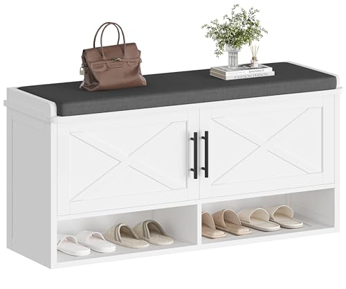 Farmhouse Shoe Storage Bench with Cushion, Entryway Bench with Adjustable Shelves and Open Bottom Shelf, Hidden Shoe Cabinet Storage for Entryway, Hallway, Living Room, Bedroom, White