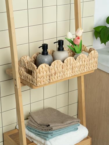 Coeusy Toilet Tank Basket for Bathroom,Scalloped Edge Wicker Basket for Toilet Paper Storage,Small Baskets for Countertop,Shelves,Living Room,Bedroom,Both Organizer&Decor,Natural Water Hyacinth - size: rectangle