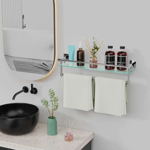 24 Inches Floating Glass Shelves for Wall with Towel Bar/Track, SUS 304 Stainless Steel Railing Tempered Glass Shelf, for Toilet, Room Decor Modern (Chrome Polished, 24-inch) - color: Chrome Polished, size: 24-inch with Railing