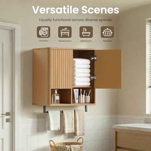 Bathroom Wall Storage Cabinet, Over The Toilet Medicine Cabinet, Hidden Storage & Open Shelves, Small 2-Door Multi-Functional Bathroom Organizer with Towel Bar for Bathroom & Kitchen (Wood) - color: Wood