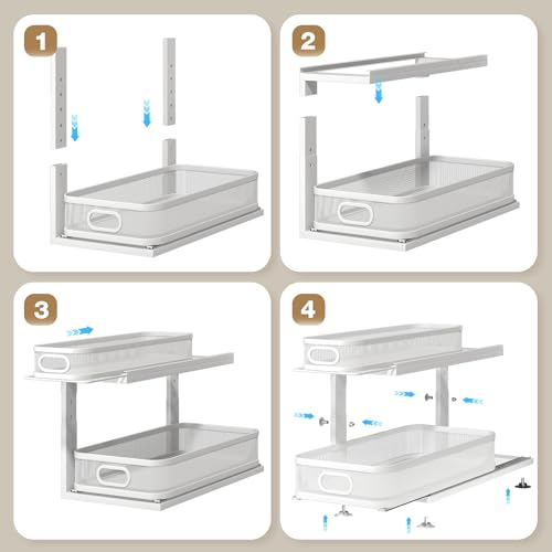 2 Pack 21IN-Depth Under Sink Organizer With Next-Gen Ball-Bearing Slides,2-Tier Precision Mesh Pull Out Cabinet Storage for Bathroom&Kitchen,Height Adjustable Drawers Shelf,Anti-rust-White - color: White, size: 2 Pack-21"Dx12.4"-16.5"H