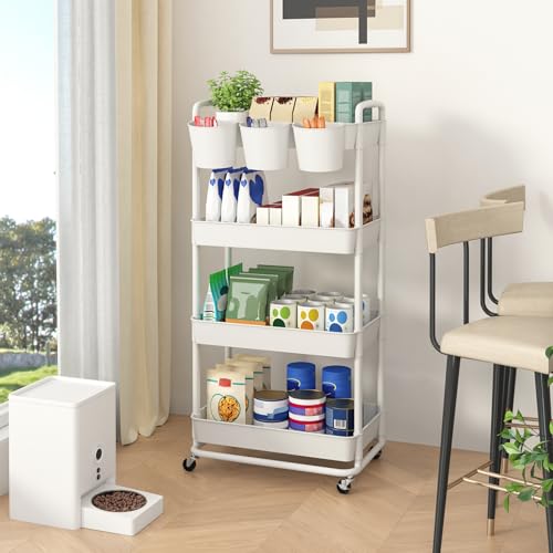 JIUYOTREE 4-Tier Plastic Rolling Storage Cart Utility Cart with Extra Hanging Cups Handles Lockable Wheels for Living Room Bathroom Kitchen Office White - color: White, size: 4-Tier