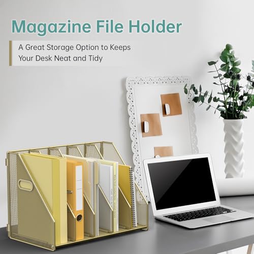 MINDEPOT Desk File Organizer Metal Desk Magazine Folder Holder with 5 Vertical Compartments Rack File Organizer for Office, Home, School (Gold) - color: Gold