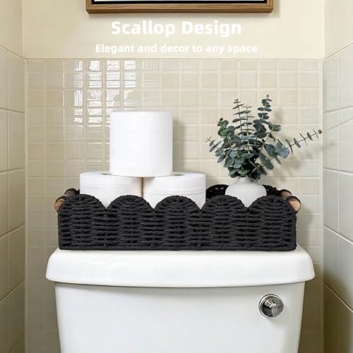 CubesLand Bathroom Basket Organizer w/Cut Out Handle, Back of Toilet Paper Storage Baskets Tray for Bathroom Countertop Decorative, Scalloped Wicker Basket Also for Home Decor, Living Room, Black - color: Black