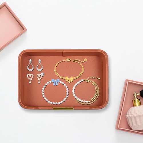 Luxury Leather Valet Tray Desktop Storage Organizer,Bedside Vanity Catchall Tray Nightstand Caddy Holder for Cosmetic,Jewelry,Watch,Keys,Phone,Wallet,Remote Controller,Pen,Orange - color: Orange
