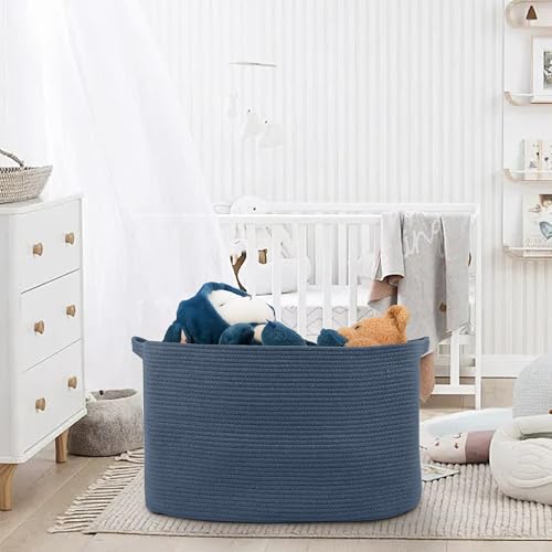 MEGASKET Extra Large Rectangle Storage Basket, 23.6" x 17" x 12" Dark Blue Blanket Storage for Living Room, Large Woven Cotton Rope Storage Box, Soft Kids Toy Basket Organizer Bin, Big Wicker Basket - color: Dark Blue, size: 23.6"x17"x12