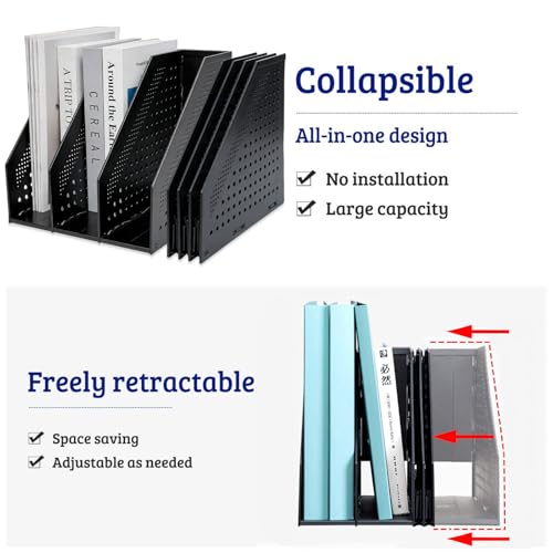 Marte Vanci Collapsible 3 Compartment Magazine Holder Desktop Organiser Adjustable Sturdy File Dividers Document Cabinet Rack Display (2 Pcs Black) - color: Black 3 Compartments (2 Pcs)