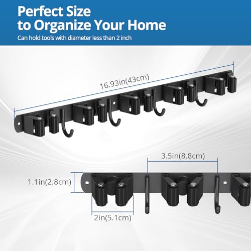 2 Pack Mop and Broom Holder Wall Mount, 5 Racks and 4 Hooks Broom Organizer Storage Garage Tool Racks Wall Mounted Mop Hanger for Home Kitchen Garden Laundry (Black) - style: 2 PACK BLACK