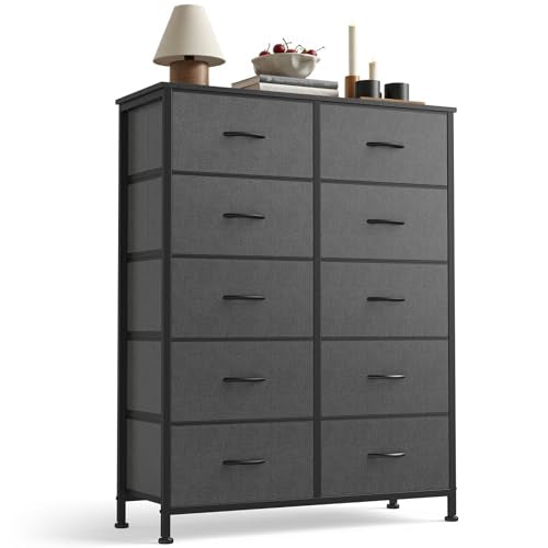Sweetcrispy 10 Drawer Dresser, Tall Fabric Dresser for Bedroom, Storage Tower with Bins Chest Organizer Unit for Closet, Hallway, Steel Frame Wood Top, Easy Pull Handle, Grey - color: Grey