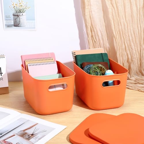 Hoolerry 8 Pieces Colorful Storage Bins with Lid, Plastic Storage Basket Organizing Container Stackable Box with Handle for Shelves Desktop Playroom Office(10.2 x 7 x 6.3 Inch,Orange) - color: Orange, size: 10.2 x 7 x 6.3 Inch