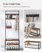VASAGLE Hall Tree with Bench and Shoe Storage, Entryway Bench with Coat Rack Stand and Shoe Rack, 9 Movable Hooks, Top Bar, Fabric Shelves, Industrial, Rustic Brown and Black UHSR411B01 - color: Rustic Brown + Black, size: 25.2"W