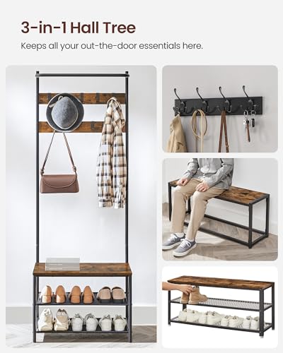 VASAGLE Hall Tree with Bench and Shoe Storage, Entryway Bench with Coat Rack Stand and Shoe Rack, 9 Movable Hooks, Top Bar, Fabric Shelves, Industrial, Rustic Brown and Black UHSR411B01 - color: Rustic Brown + Black, size: 25.2"W