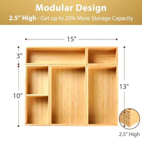 Umilife Drawer Organizer Storage Boxes, 2.5" High Bamboo Drawer Dividers, 5 Rearrangeable Bins for Kitchen, Office Desktop, Clothing, Makeup, vanity, Jewelry - size: 15 x 13 x 2.5" (5 Boxes)