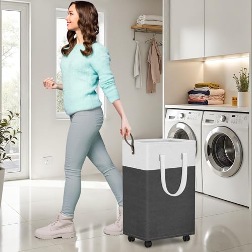 HomeHacks 75L Waterproof Rolling Laundry Hamper - Collapsible Clothes Basket with 4 Wheels for Bathroom, Laundry Room & Dorm, Easy-Clean PEVA Lining, Space-Saving Design(Gray) - color: Gray, size: 75L