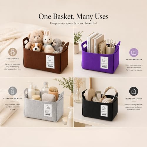 Felt Storage Bin - Foldable Fabric Storage Basket with Handles, Multi-Purpose Storage Organizer for Shelves, Closet, Toys, Clothes, Blankets, Bedroom, Living Room & Nursery, BLACK, Small - color: BLACK, size: S