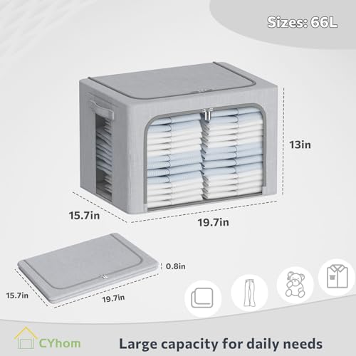 CYhom Clothes Storage Bins Box - Foldable Stackable Container Organizer Set with Clear Window & Carry Handles & Metal Frame - 2Pack Large Capacity for Bedding, Blankets, Books - color: Light Grey, size: Large-66L