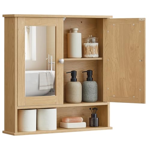 VASAGLE Bathroom Cabinet with Mirror, Wall Cabinet with 2 Mirrored Doors, Adjustable Shelf, Open Compartment, Wall-Mounted, 5.1 x 22.2 x 23 Inches, Natural Oak ULHC003Y01 - color: Natural Oak, size: 5.1"D x 22.2"W x 23"H