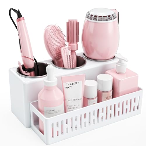 Hair Tool Organizer, Detachable Hair Dryer Holder with 3 Stainless Steel Cups, Wall Mounted Bathroom Organizers and Storage for Accessories, Curling Irons, Straighteners, Toiletries, Makeup - color: White