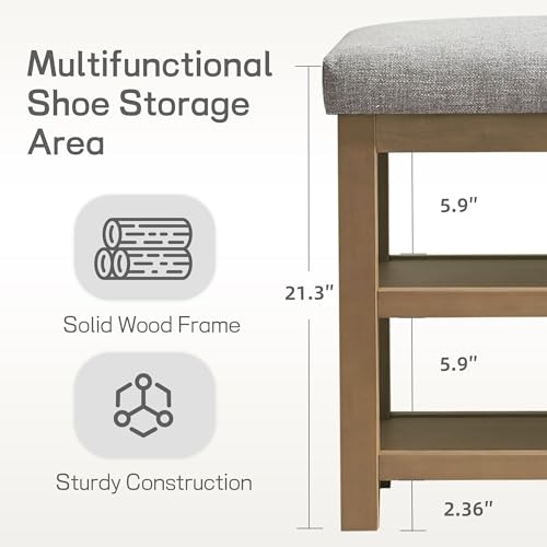 Zihanhome Shoe Rack Bench with Cushion, 2 Tier Solid Wood Storage Bench, Mid-Century Modern Shoe Bench for Entryway, Hallway, Closet, Front Door Entrance, Foyer (Grey, 31.5") - color: Grey, size: 31.5"