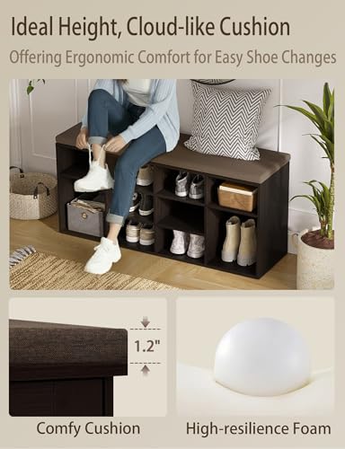 DINZI LVJ Shoe Storage Bench with Cushion, Cubby Shoe Rack with 12 Cubbies, Adjustable Shelves, Multifunctional Shoe Organizer Bench for Entryway, Mudroom, Hallway, Closet and Garage, Espresso - color: Espresso, size: 12 Cubby