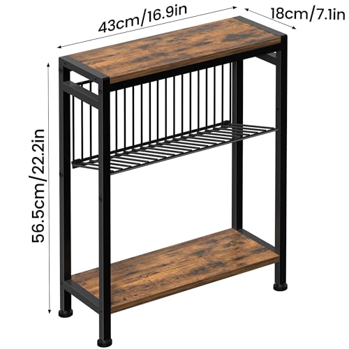 Small Side Table Set of 2 for Small Space, 3-Tier Narrow End Table with Magazine Holder, Slim Nightstand, Skinny Snack Couch Table in Living Room, Bedroom and Balcony (Rustic Brown &Black) - color: Rustic Brown-2pcs