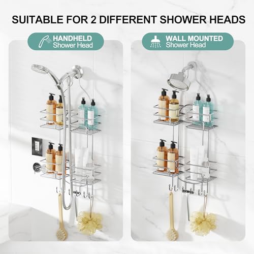SRIWATANA Shower Caddy Organizer Hanging Over Head, Bathroom Shower Rack Hanger with Hooks for Razors - Chrome - color: Chrome
