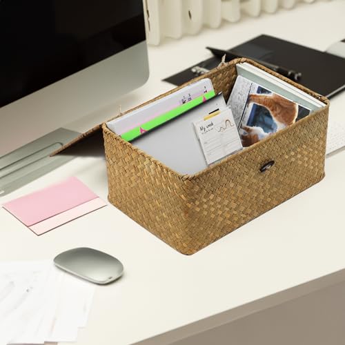 Wicker Storage Basket with Lid, Natural Seagrass Woven Shelf Basket for Storage, Rectangular Decorative Storage Bins Boxes Home Organizer Decor (Natural, Medium) - size: 13" x 8.66" x 6.1"