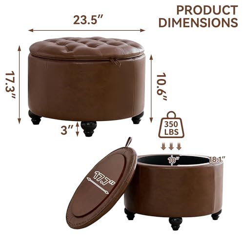 WUTUTUEE 24Inch Round Storage Ottoman with Tray, Modern Tufted Leather Circle Coffee Table with Storage, Upholstered Ottoman with Removable Top for Living Room, Bedroom, Leather Coffee - color: Leather Coffee, size: 24 Inch