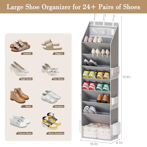 Criusia Shoe Organizer, Over the Door Shoe Organizer, Hanging Closet Shoe Storage with Large Deep Pockets, Fits 16–24 Pairs of Sneakers, Sandals, Boots, Gray - color: Grey