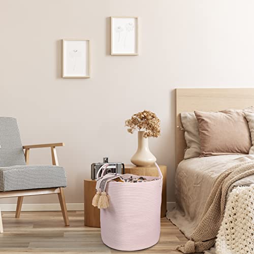 XUANGUO Cotton Rope Laundry Basket Hamper for Girls Kids Baby Nursery Hamper Bin Woven Storage Basket for Living Room Girls room Boho Tall Rope Baskets for Blanket Toys Large light pink - color: pink, size: Regular