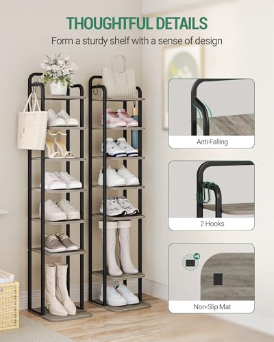 Hzuaneri 8 Tiers Vertical Shoe Rack, Narrow Shoe Tower, Tall Shoes Shelf with 2 Hooks, Adjustable Shelves, Corner Shoes Shelves for Small Spaces, Entryway, Living Room, Greige SR04305B - color: Greige and Black, size: 8 Tier(11.8"D x 10.4"W x 53.2"H)