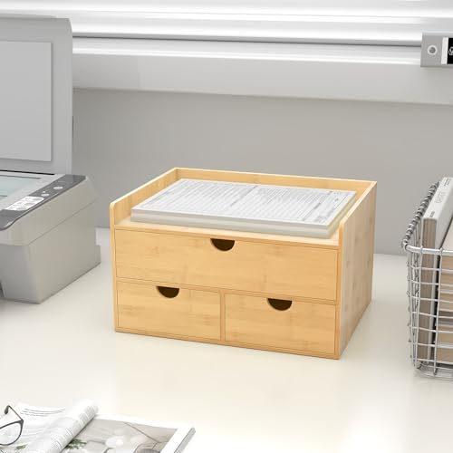 Bamboo Desk Drawer Organizer, Large Desktop Organizer with Drawers Tabletop Storage Organization Box for Office Home Toiletries Supplies Vanity, No Assembly Required (3 Drawer with Shelf) - color: 3 Drawers with shelf-U1D2, size: Small