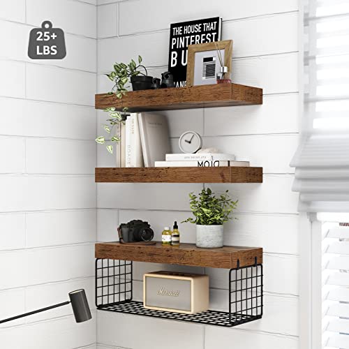 QEEIG Bathroom Shelves Over Toilet - Wall Mounted Floating Shelves Toilet Paper Storage Small Farmhouse Decor Shelf 16 inch Set of 3, Rustic Brown (019-BN3) - color: A. Brown, size: 3pcs