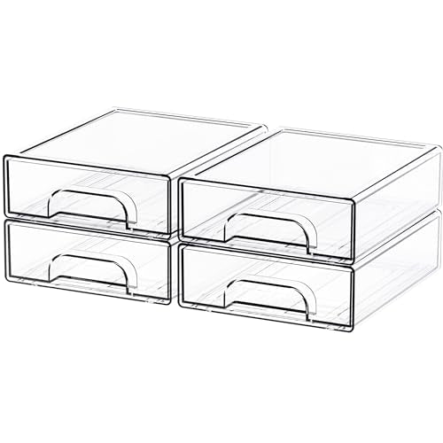 Yieach 4 Pack Small Clear Stackable Storage Drawers,2.2'' Tall Desk Organization and Storage,Plastic Office Supply Organizer,Acrylic Storage Containers for Makeup,Hair Clip,Accessory,Pen,Art Crafts - color: Clear-2.2 In Tall, size: 4 PCS
