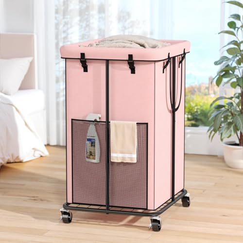 150L Laundry Hamper with Wheels, Rolling Laundry Basket with Metal Frame and Removable Bag, Large & Tall Dirty Clothes Hampers for Bedroom Aesthetic, Laundry Room, Bathroom, Dorm-Pink - color: Pink, size: 40GAL