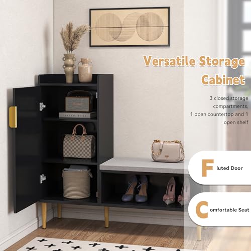 Storage Bench with Fluted Door&Shelf, Modern Entryway Bench with Padded Seat, L-Shaped Shoe Organizer Cabinet for Hallway, Living Room, Office, Black - color: Black