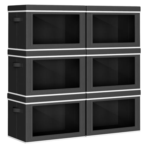 Homsorout Collapsible Storage Bins with Lids - Stackable Storage Containers with Window, 6 Pack Fabric Organizing Bins for Closet, Home & Office Organization Baskets, Black, 14.9" x 9.8" x 9.8" - color: Black, size: L(6-Pack)