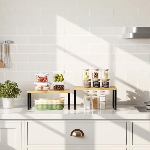 HOOBRO Cabinet Organizer Shelf, Set of 4 Kitchen Counter Shelves, Expandable Kitchen Storage, Stackable Bamboo Spice Rack, for Kitchen, Countertop, Office Desk, Bathroom, Natural and Black YB30TLP201 - color: Natural, Black