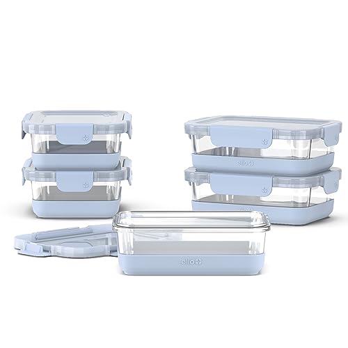 Ello Duraglass 3.4 Cup Meal Prep Sets 10Pc,Set-Glass Food Storage Container with Silicone Boot and Airtight BPA-Free Plastic Lids,Dishwasher,Microwave,and Freezer Safe,Halogen Blue,5 Count (Pack of 2) - color: Halogen Blue with Boot, size: 3.4 Cup (Pack o