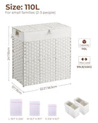 Greenstell Laundry Hamper with lid, No Install Needed, 110L Wicker Laundry Baskets Foldable 2 Removable Liner Bags, 2 Section Clothes Hamper Handwoven Rattan Laundry Basket with Handles, White - color: White, size: 110L (22.2x13.3x24.0 Inches)