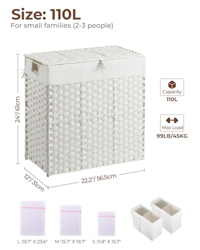 Greenstell Laundry Hamper with lid, No Install Needed, 110L Wicker Laundry Baskets Foldable 2 Removable Liner Bags, 2 Section Clothes Hamper Handwoven Rattan Laundry Basket with Handles, White - color: White, size: 110L (22.2x13.3x24.0 Inches)