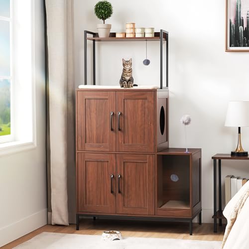 HOOBRO Litter Box Enclosure, Litter Box Furniture with Storage, 2-in-1 Hidden Cat Furniture with Shelf, 2 Dangling Plush Balls and 1 Toy Ball, Large Wooden Cat Washroom, Walnut WL78MW01 - color: Walnut