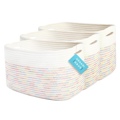 OrganiHaus Set of 3 Rainbow Baskets - Colorful Woven Storage Baskets for Playroom, Nursery & Classroom Decor, Toy Storage, Rainbow Stitches, 15x9x10 - color: Stitches Rainbow