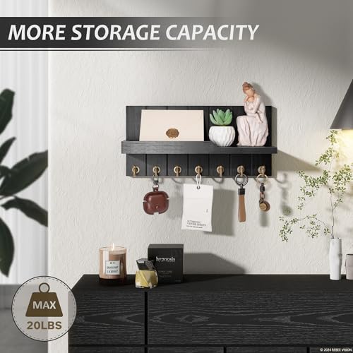 Rebee Vision Decorative Key and Mail Holder for Wall - Farmhouse 15 Inches Floating Shelf with 7 Sturdy Key Hooks for Home Entryway Wall Decor - Rustic Key Racks (Black,15-inch) - color: Black, size: 15-inch