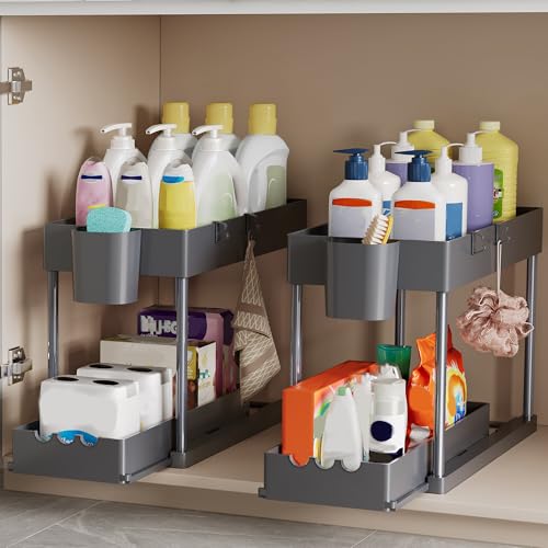 2 Pack Under Sink Organizers and Storage, 2-Tier Sliding Cabinet Organizer Drawer for Bathroom and Kitchen – Multi-Purpose Cabinet Organizer with Easy Pull-Out Design (Grey) - color: Grey, size: 2 Pack